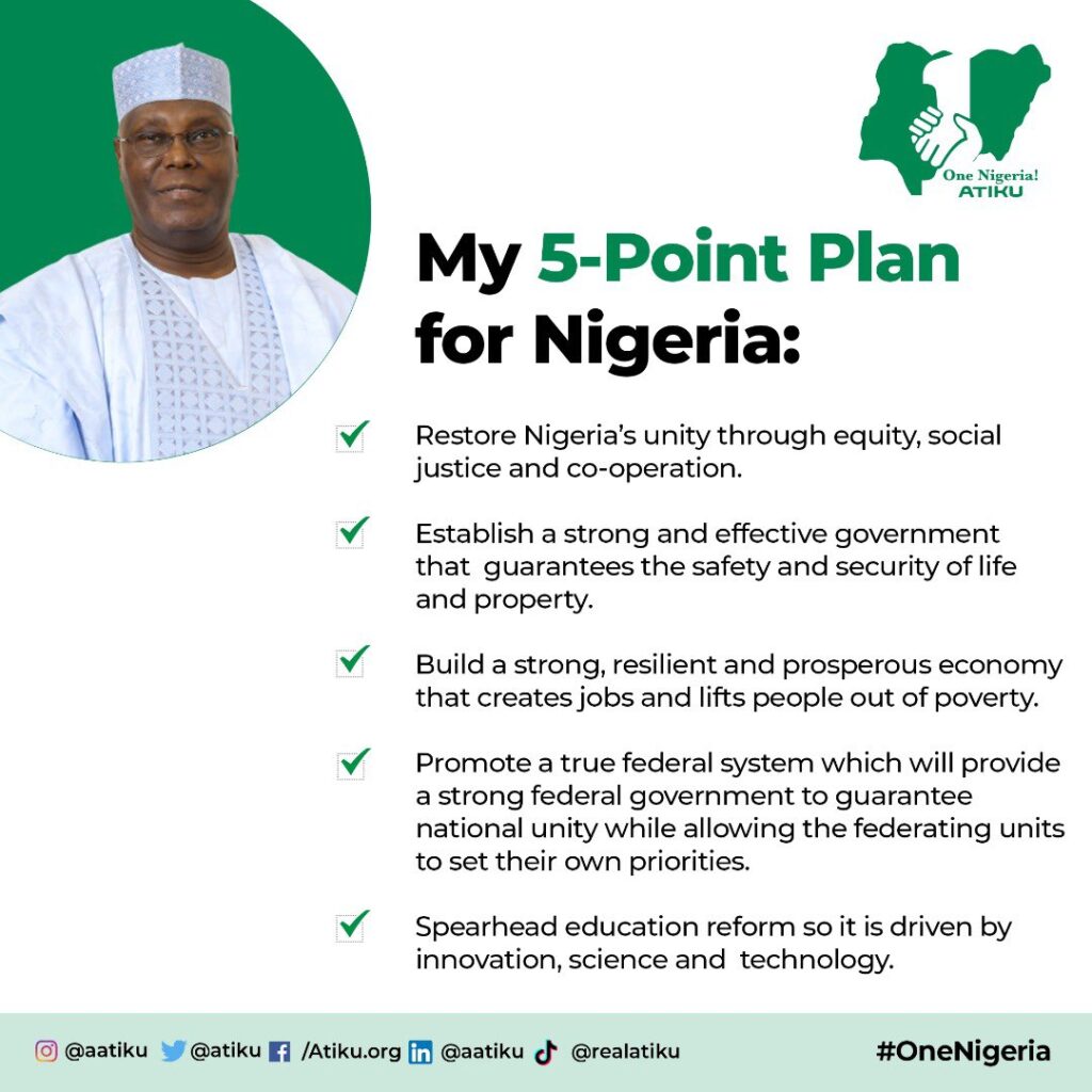2023: Atiku Unveil 5 Point Plan for Nigeria